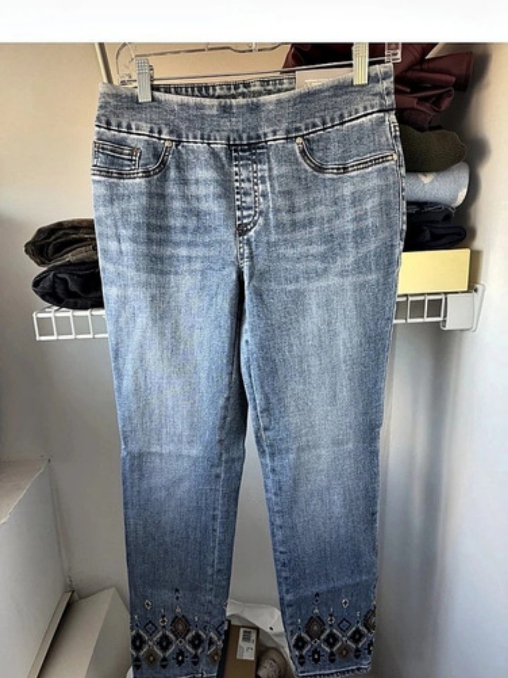Chico's PULL ON JEGGINGS Embellished Hem Blue Nwt